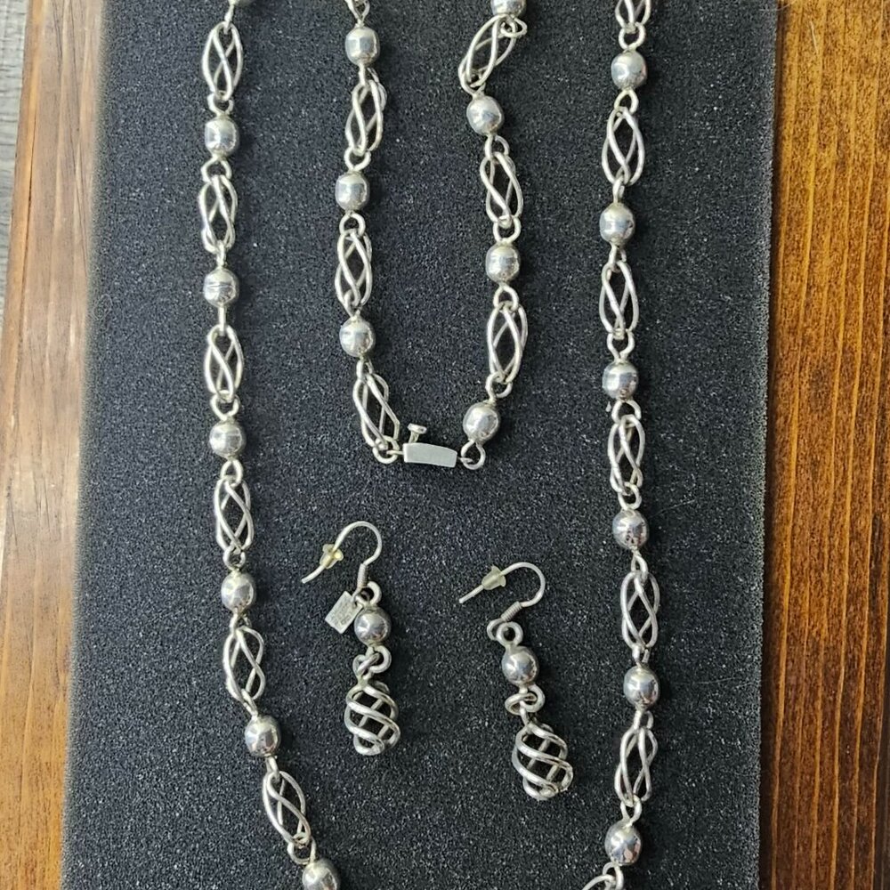 Spiral Vintage Mexican Silver Necklace with Earrings